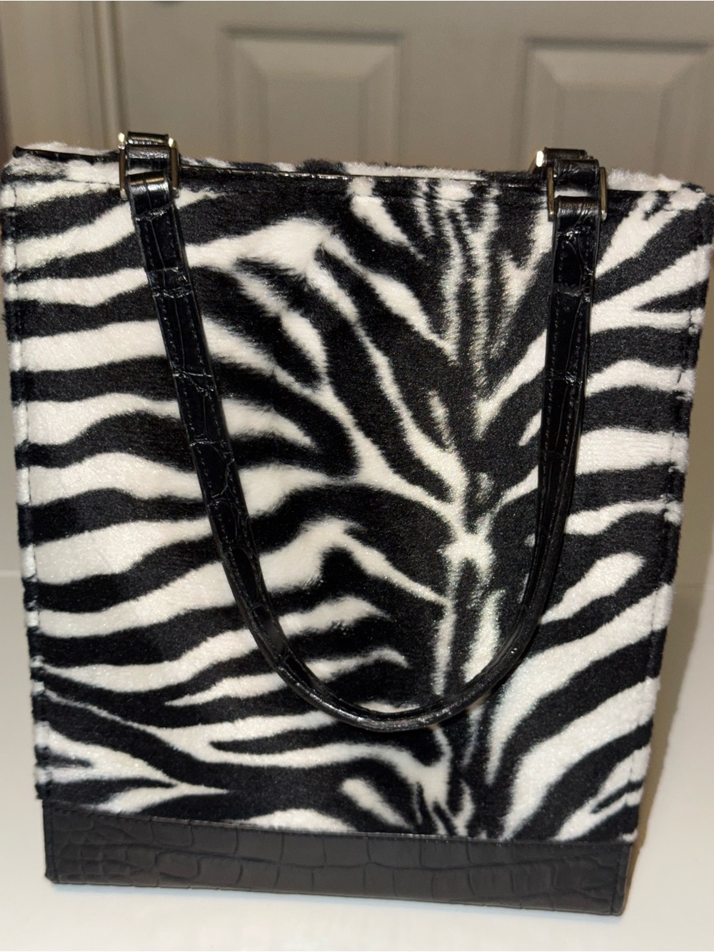 Zebra Print Faux Fur Tote Bag - Black & White